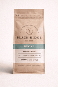 coffee packaging of decaf roast by black ridge roasters